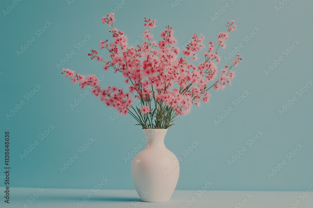 A simple bouquet of bright pink flowers arranged in a clean white vase, set against a turquoise blue background for a vibrant and modern aesthetic. . A simple bouquet of bright pink flowers arranged in a clean white vase, set against a turquoise blue background for a vibrant and modern aesthetic. .