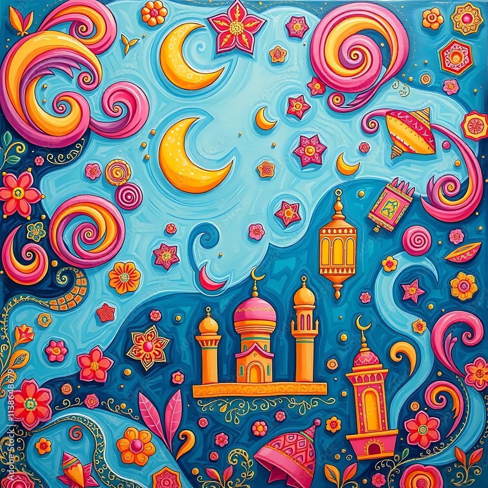 Obraz premium Mosque, Moon, & Flowers: Ramadan Art