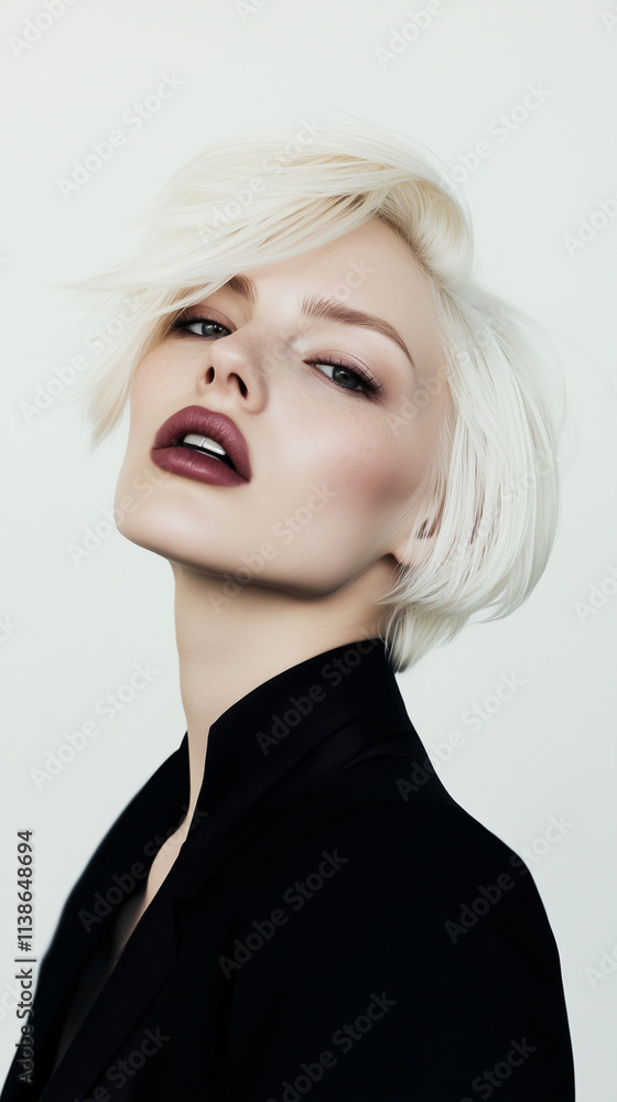 Beautiful woman with platinum blonde hair wearing stylish black outfit in elegant and minimalist setting