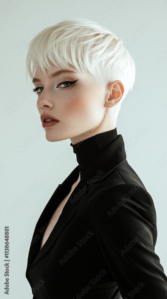 Fototapeta premium Beautiful woman with platinum blonde hair wearing stylish black outfit in elegant and minimalist setting