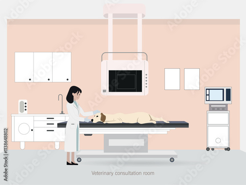 Illustration of a veterinarian in a consultation room examining a dog lying on an examination table. Modern professional environment with medical equipment.