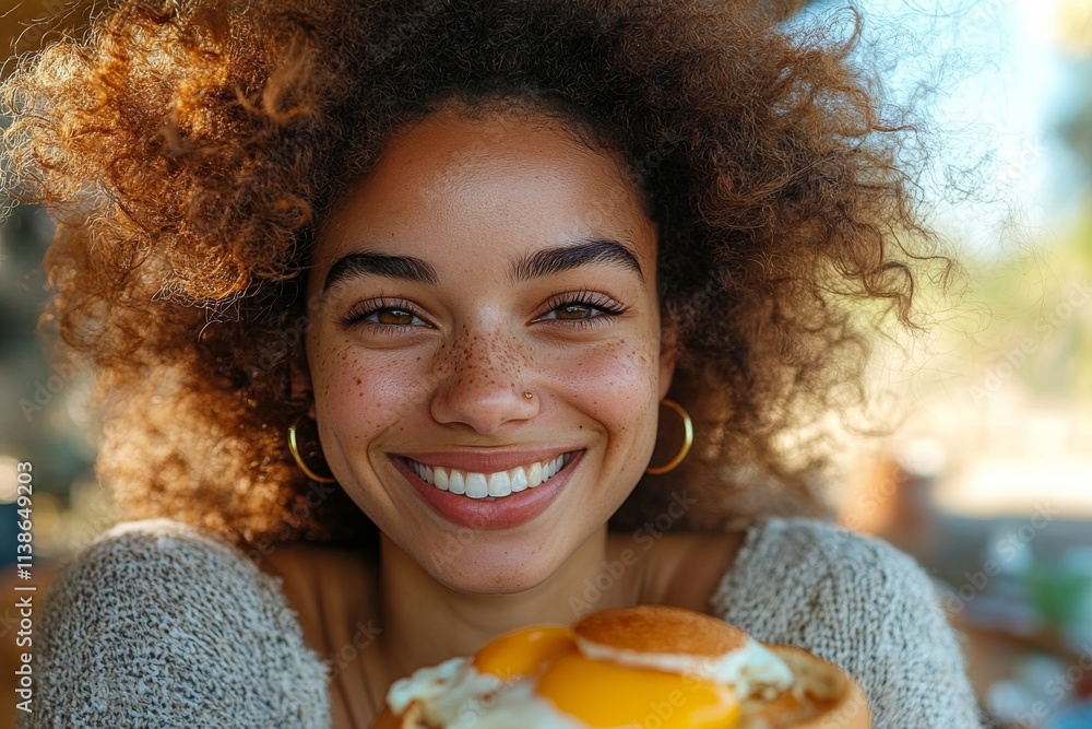 Naklejka premium A smiling person enjoying an egg while sitting outdoors in a sunny park, celebrating a cheerful morning. Generative AI