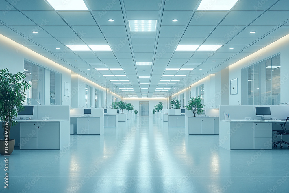 Fototapeta premium Bright White Modern Office with Sleek Rows of Contemporary Furniture and Clean Design
