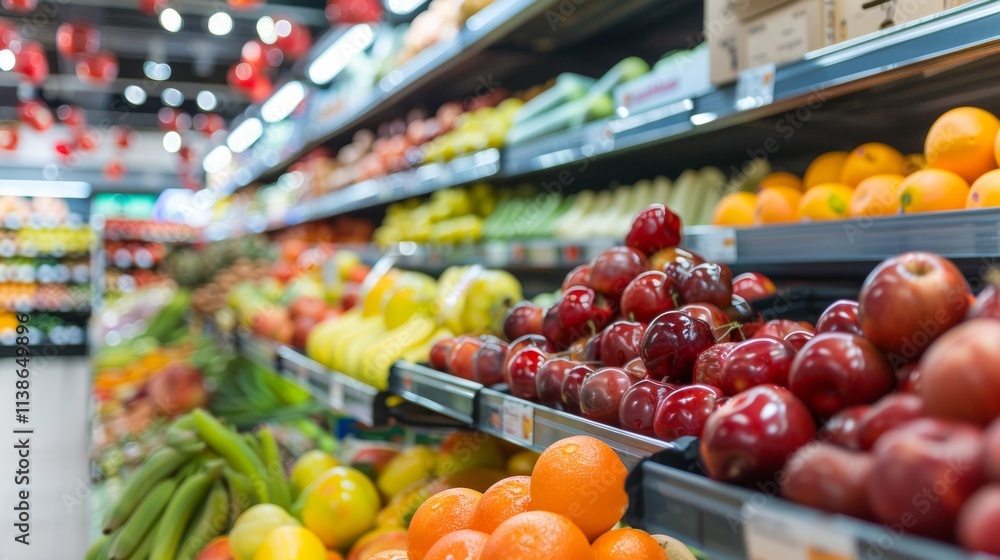 Fresh fruits and vegetables displayed on supermarket shelves Fresh fruits and vegetables displayed on supermarket shelves
