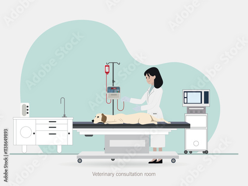 Illustration of a veterinarian performing an examination on a dog lying on an examination table in a consultation room equipped with modern medical devices and supplies.