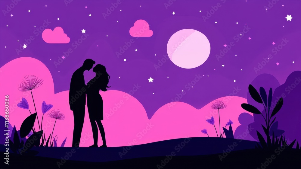 Obraz premium Romantic scene with silhouetted figures embracing under a night sky with a large moon, surrounded by stylized flowers and clouds