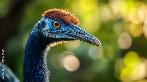 Bird with a blue head and red beak. The bird is looking at the camera. The image has a bright and lively mood photo