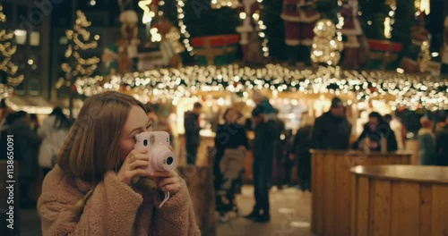 young European blonde woman walking around city in winter. Christmas holidays illuminations glowing stars decorated Christmas tree garlands. New Year atmosphere. tourist Luxembourg make photo polaroid