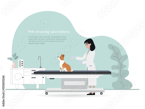 Illustration of a veterinarian preparing to administer a vaccination to a dog sitting on an examination table in a well-equipped and modern consultation room.