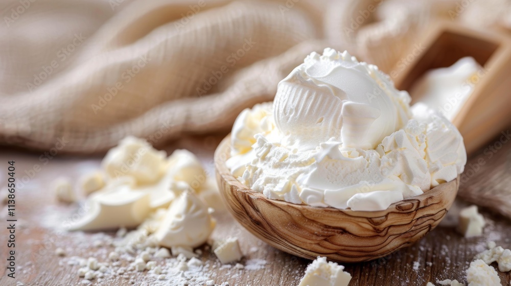 Rustic bowl of whipped cream on a textured cloth background Rustic bowl of whipped cream on a textured cloth background