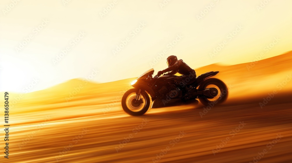 Fototapeta premium Motorcyclist is speeding through a desert landscape during sunset, creating a dynamic motion blur effect