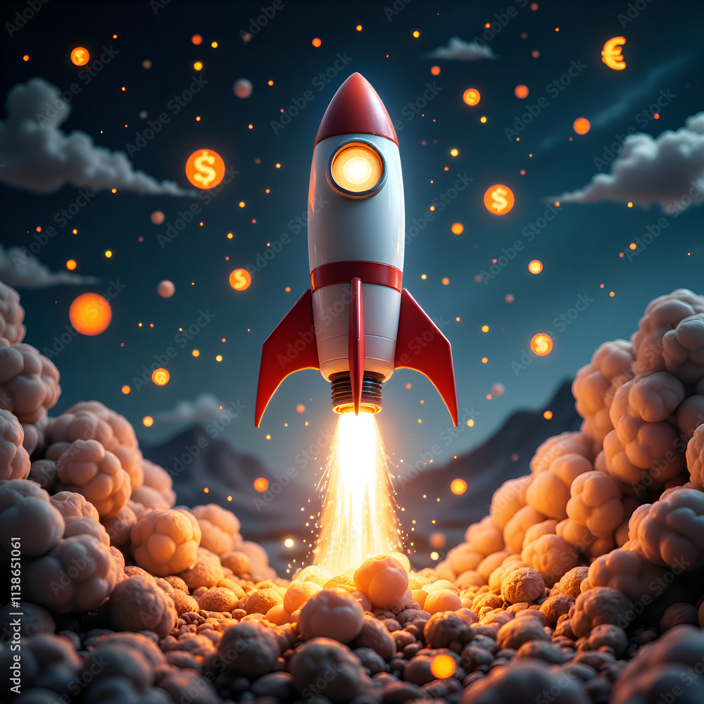 Naklejka premium Soaring rocket amidst a cosmic cloud of currency and wealth symbols, digital art of surrealism concept.