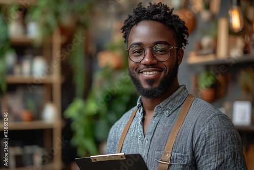 A smiling social worker standing in a community center. Generative AI photo