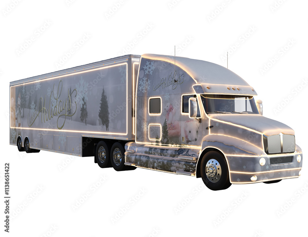 Naklejka premium 3D rendered festive Christmas truck with lights and snow isolated on transparent background