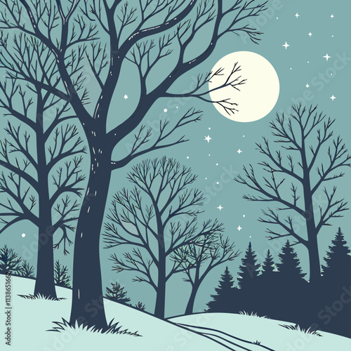 Winter forest scenes with silhouetted trees and stars