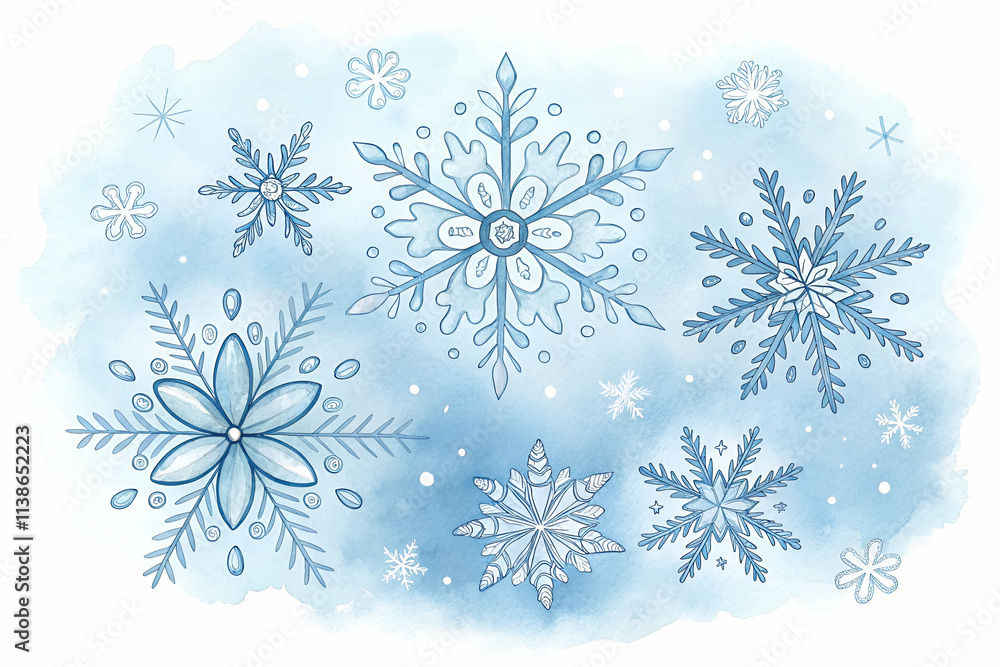 A serene watercolor illustration featuring various intricate snowflakes against a soft blue background, evoking a wintery, tranquil atmosphere. A serene watercolor illustration featuring various intricate snowflakes against a soft blue background, evoking a wintery, tranquil atmosphere.