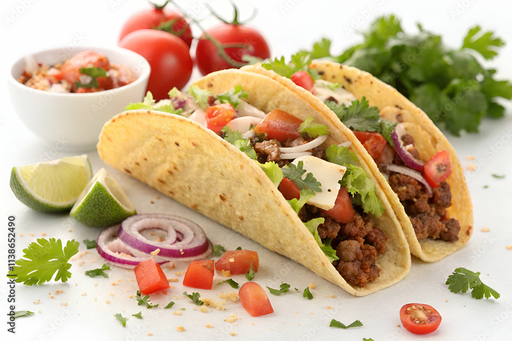 Delicious tacos filled with seasoned meat, fresh vegetables, and herbs, served with lime and salsa, perfect for a flavorful meal. Delicious tacos filled with seasoned meat, fresh vegetables, and herbs, served with lime and salsa, perfect for a flavorful meal.