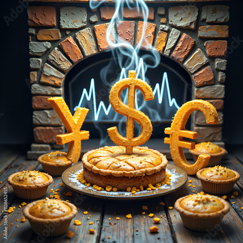 A delicious celebration of currency symbols with a festive pie and muffins set against a cozy background, photography of still life concept. photo