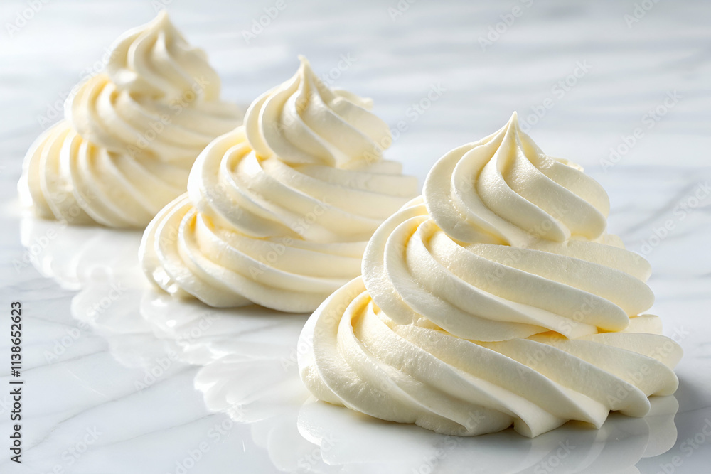 Swirls of creamy, light meringue are arranged neatly on a marble surface, showcasing their smooth texture and elegant shape. Swirls of creamy, light meringue are arranged neatly on a marble surface, showcasing their smooth texture and elegant shape.
