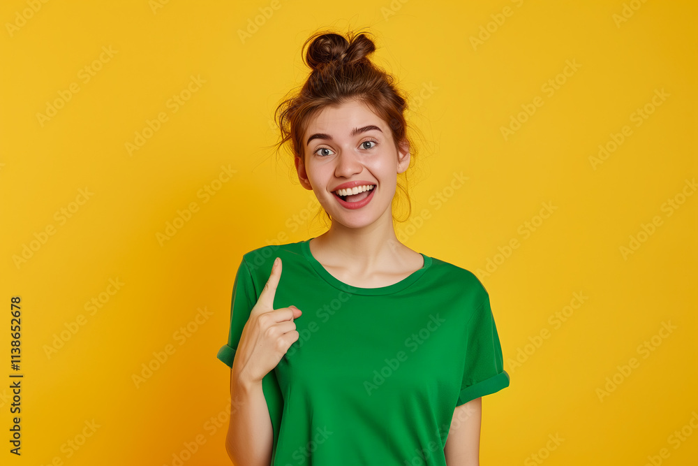 A cute young woman with curly hair in a tshirt points up, isolated on a background. Perfect for marketing or banner design. A cute young woman with curly hair in a tshirt points up, isolated on a background. Perfect for marketing or banner design.
