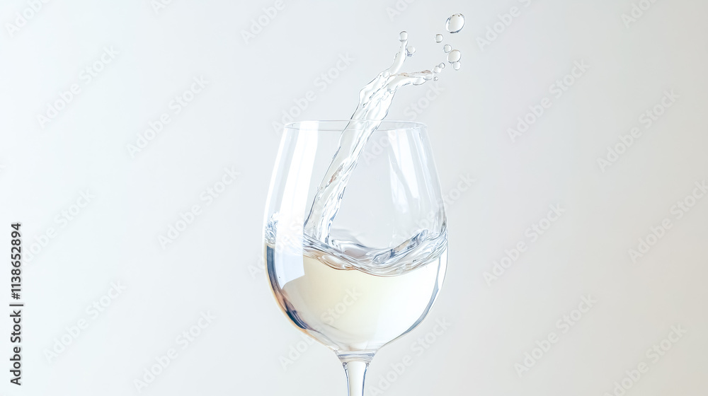 Wineglass being filled with white wine splashing upwards on white background Wineglass being filled with white wine splashing upwards on white background