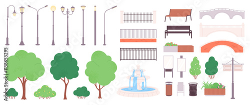 City park elements. Urban green zone objects, street lamps benches trees fountain, bridges, urns, billboards. Decorative modern landscape racy vector set