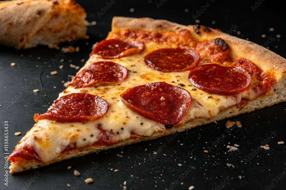A delicious slice of pepperoni pizza with melted cheese and a crispy crust on a dark background. A delicious slice of pepperoni pizza with melted cheese and a crispy crust on a dark background.