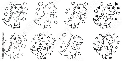 cute cartoon dinosaur standing upright, smiling cheerfully, holding a heart in its small arms.