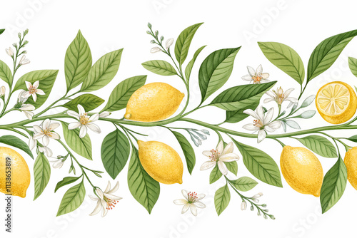 A vibrant illustration featuring lemons and blossoms on a leafy vine, combining nature's freshness with botanical beauty.