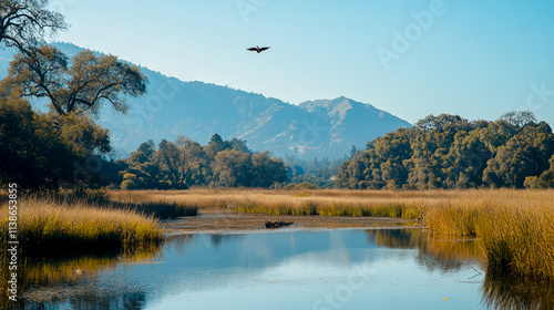 Photo of Wetland with Mountains and Birds Flying Above, Surrounded by Trees, Reeds, and Water with a Blue Sky in the Background photo