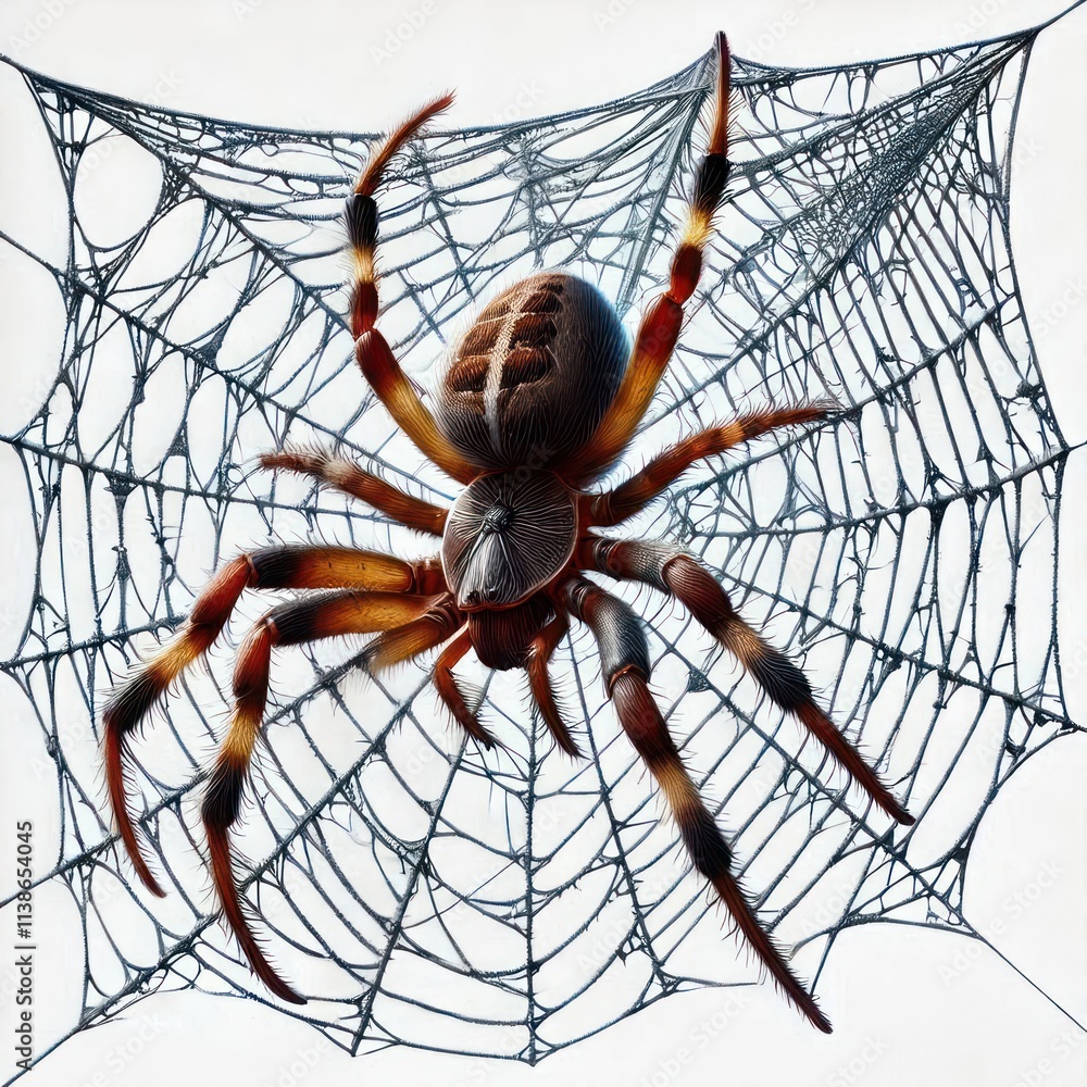 Obraz premium Spider web with a large spider on a light background. Space for text.