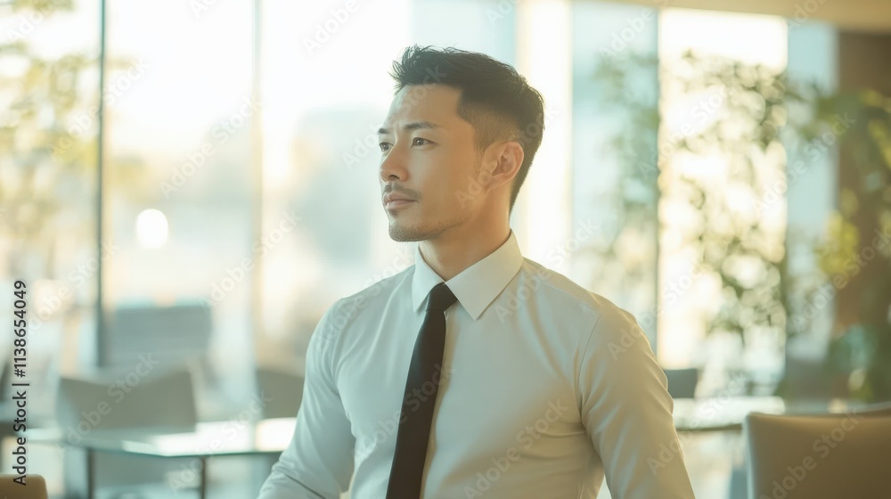 Middle-aged Asian businessman exudes confidence in a modern minimalist office setting during a business meeting Middle-aged Asian businessman exudes confidence in a modern minimalist office setting during a business meeting
