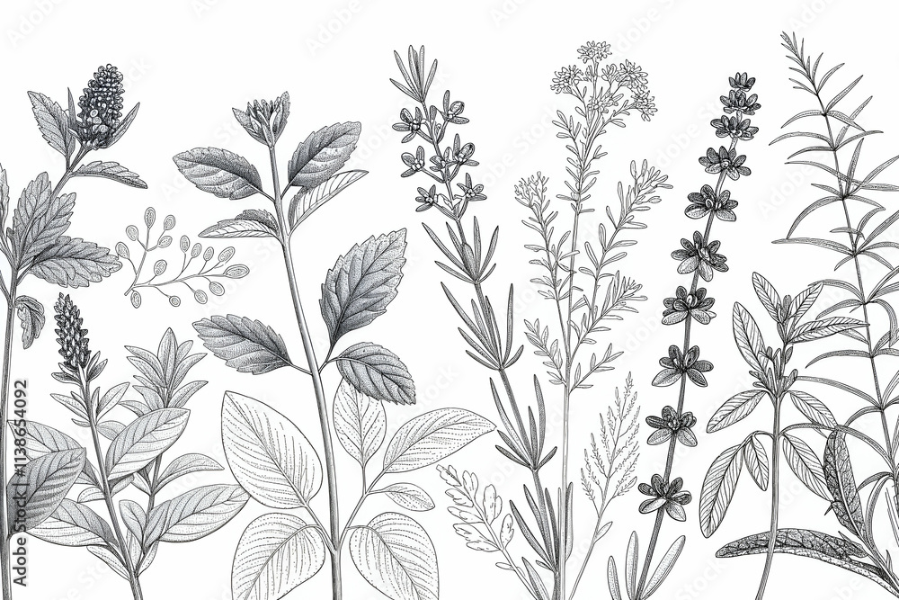 A detailed illustration of various herbs and plants, showcasing their leaves and flowers in a monochrome style. A detailed illustration of various herbs and plants, showcasing their leaves and flowers in a monochrome style.