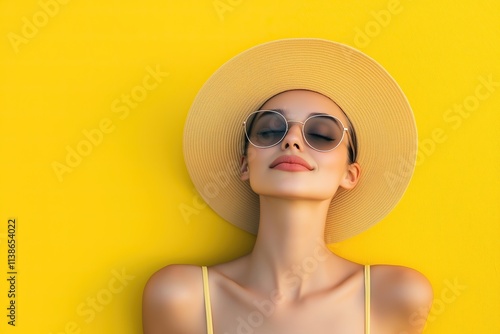 Portrait of a beautiful girl in a hat and sunglasses on a yellow background