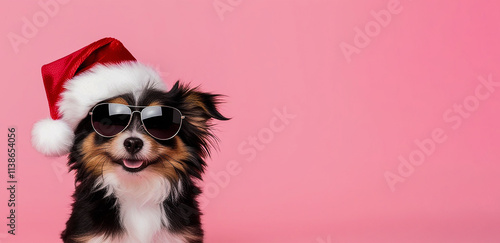 Merry Christmas and holiday concept with cute dog wearing a santa hat on pink background