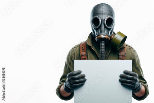 A man in a gas mask holds a blank sheet of paper. Space for text.