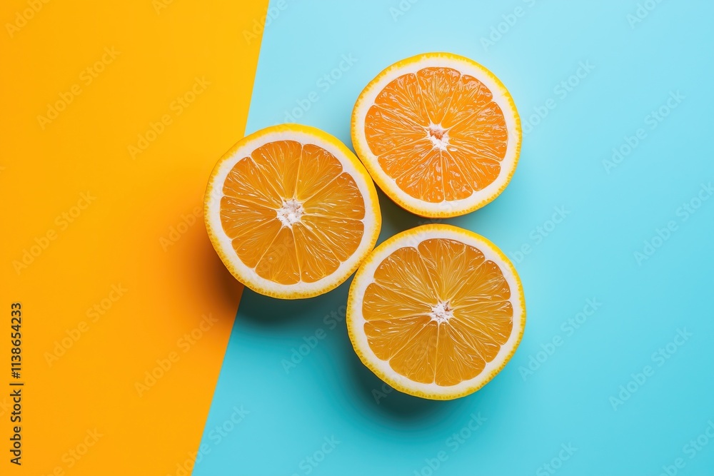 Slices of orange on blue and yellow background. Top view Slices of orange on blue and yellow background. Top view