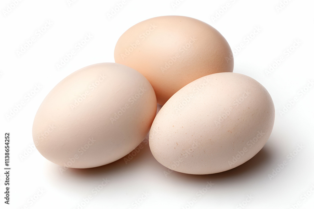 Three pale eggs arranged on a white surface, showcasing their smooth shells and natural color. Three pale eggs arranged on a white surface, showcasing their smooth shells and natural color.