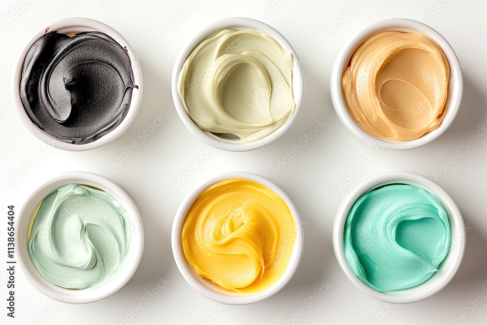 Set of face creams and masks on white background, top view Set of face creams and masks on white background, top view