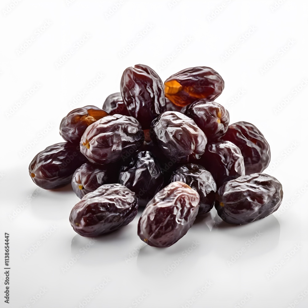 A Close-Up View of a Pile of Dark Brown Dates on a White Background