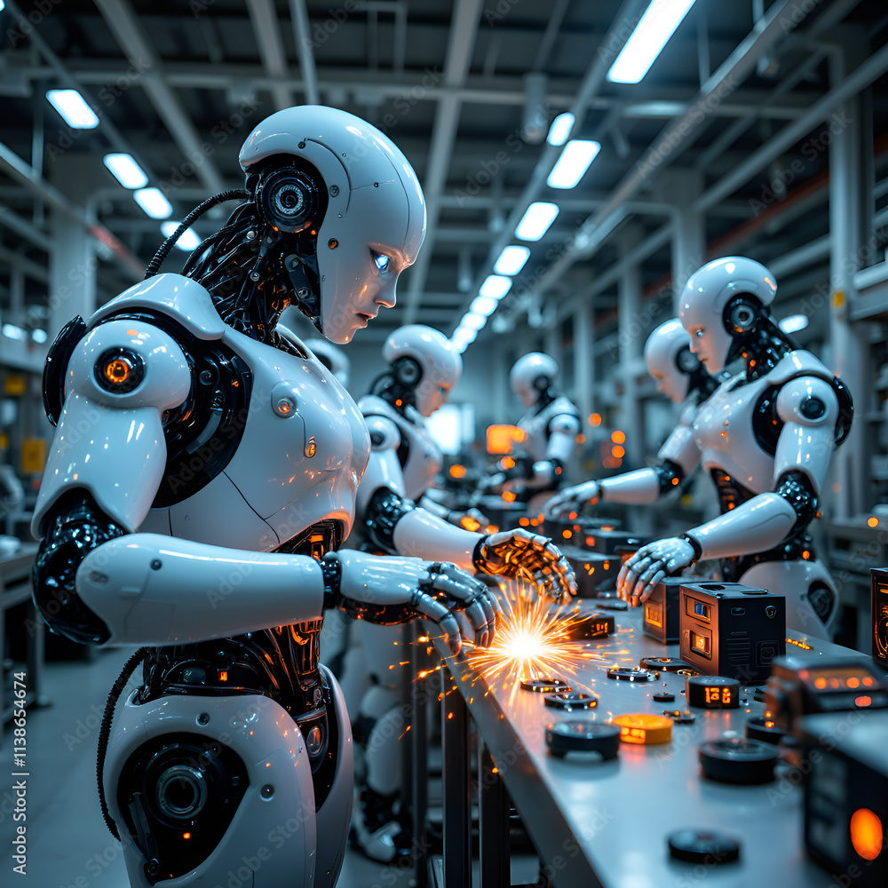 Fototapeta premium Advanced robots performing precision work in a state of the art factory environment amidst sparks and technology, digital art of futuristic technology concept.