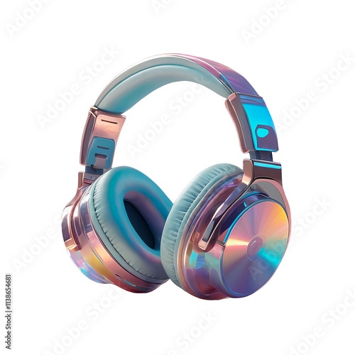 3D chrome element in Y2K style, isolated background, liquid holographic metal. Pair of headphones with a rainbow design made of metal and have a shiny, metallic appearance.