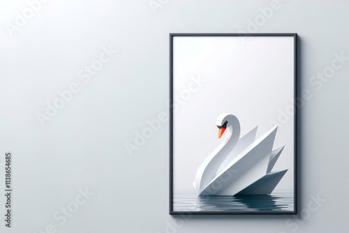Fototapeta Naklejka Na Ścianę i Meble -  Origami style swan in a frame on the wall. Space for text.