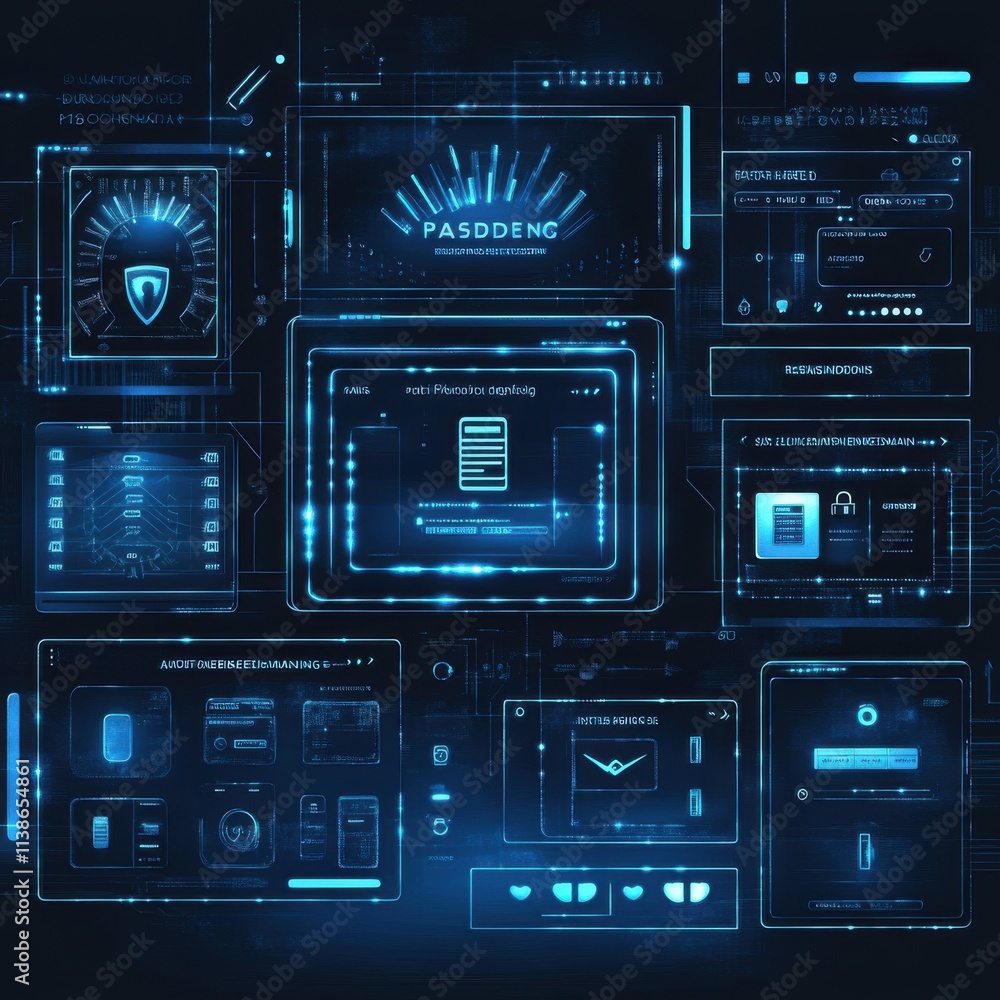 Futuristic digital interface featuring cybersecurity elements and authentication screens in blue tones. Futuristic digital interface featuring cybersecurity elements and authentication screens in blue tones.