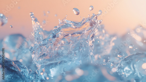 Close-up of water droplets splashing mid-air, illuminated by warm golden light, creating a dynamic and abstract composition. .