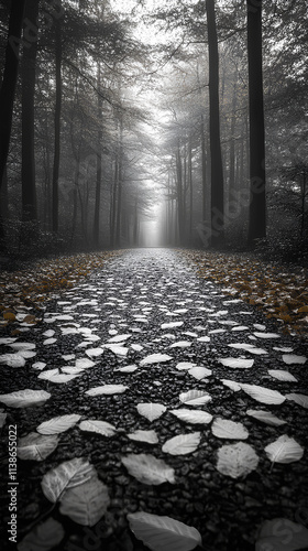 A peaceful pathway in a park is adorned with fallen golden leaves, while gentle sunlight filters through the trees, creating a serene atmosphere for relaxation photo