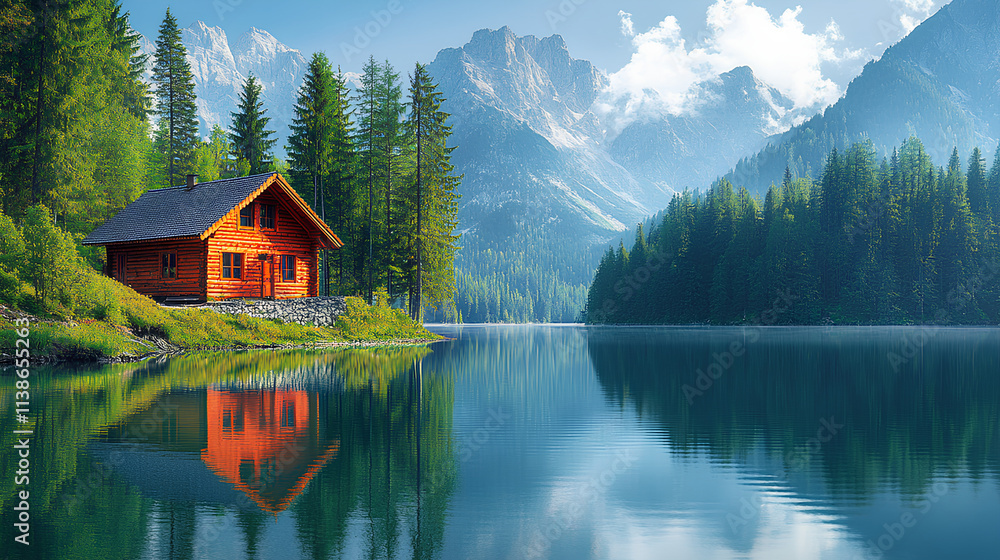Fototapeta premium Enjoy a peaceful retreat in a cozy cabin by the lake, surrounded by majestic mountains and lush trees, perfect for unwinding and connecting with nature