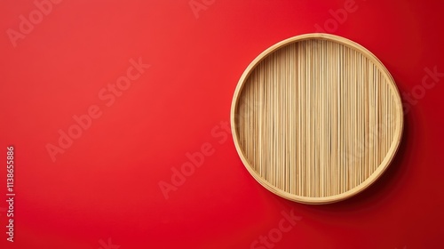 Empty wooden table with bamboo place mat over red background. Chinese New Year mock up for design and product display. 