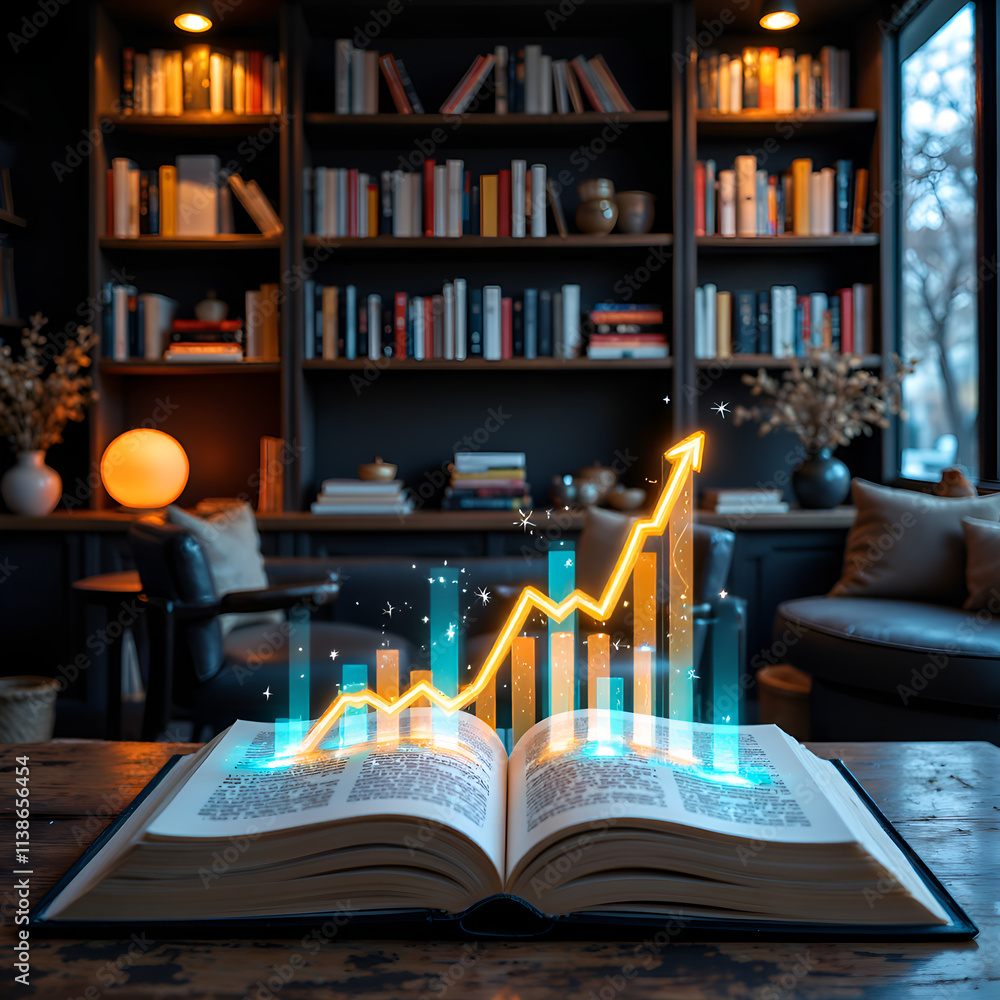 Fototapeta premium Illuminated book representing knowledge growth through visualized data in a cozy reading room, digital art of conceptual representation concept.