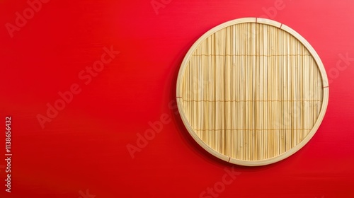 Empty wooden table with bamboo place mat over red background. Chinese New Year mock up for design and product display. 